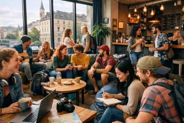 Moderni hostel u Europi s mladim putnicima u zajedničkom prostoru