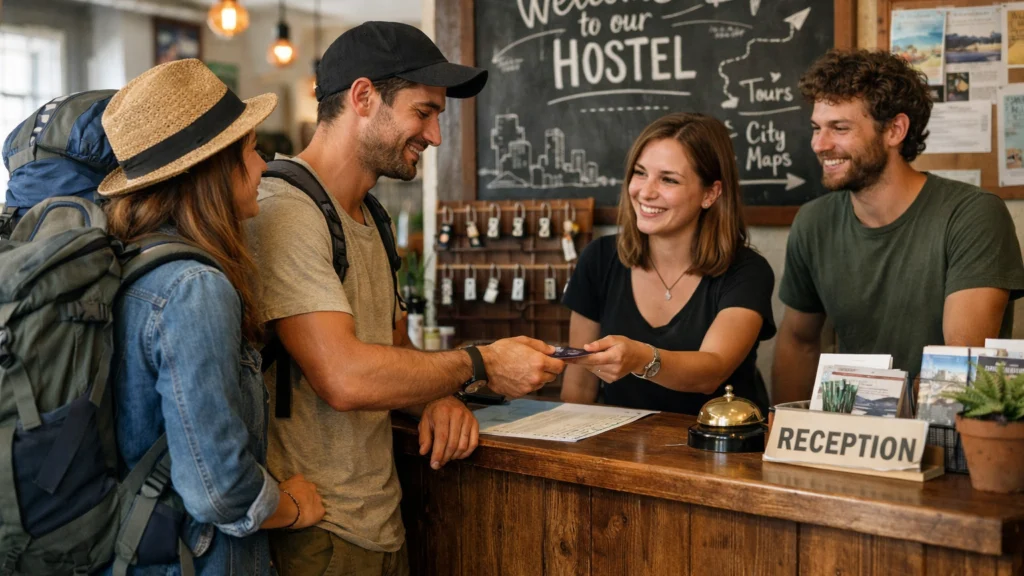 Mladi putnici dolaze u europski hostel s ruksacima
