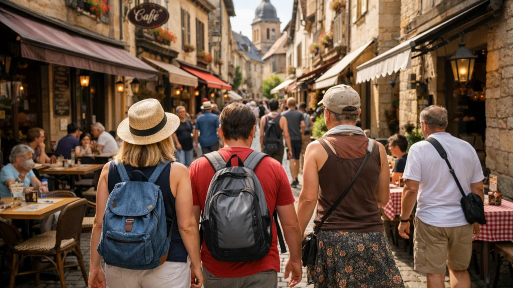 Turisti šetaju starom jezgrom malog europskog grada i uživaju u autentičnoj atmosferi