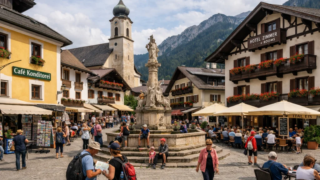 Glavni trg malog europskog grada s umjerenim turističkim prometom i lokalnim životom