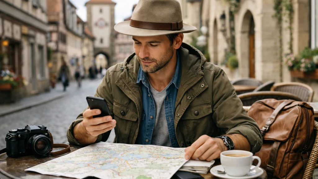 Putnik planira obilazak malog europskog grada uz kartu i pametni telefon