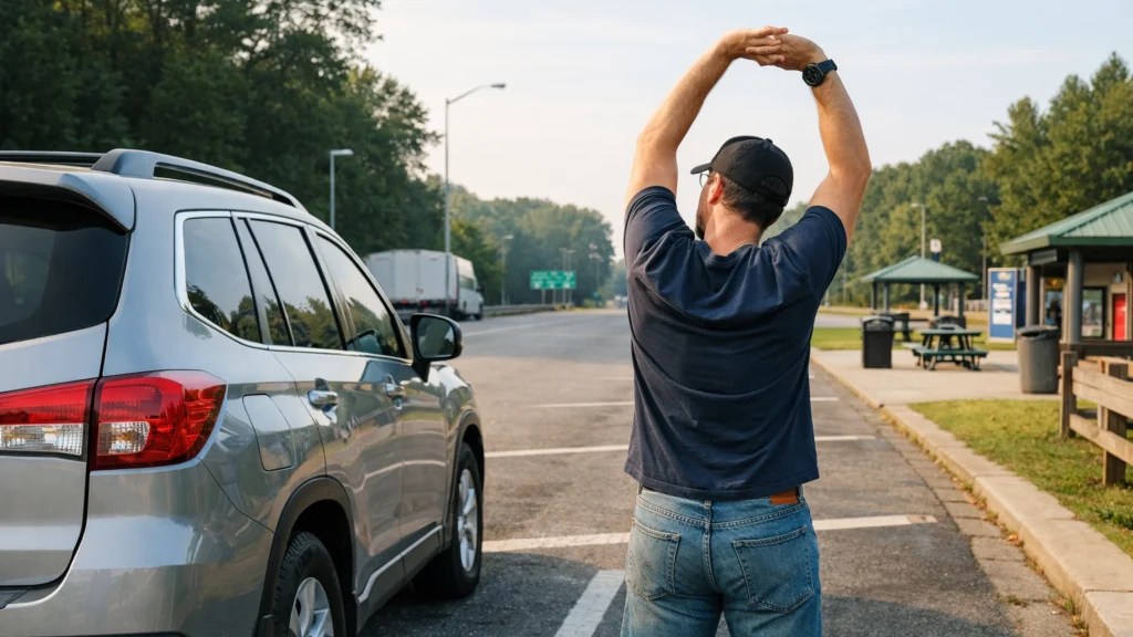 Pauza tijekom dugog putovanja automobilom na odmorištu