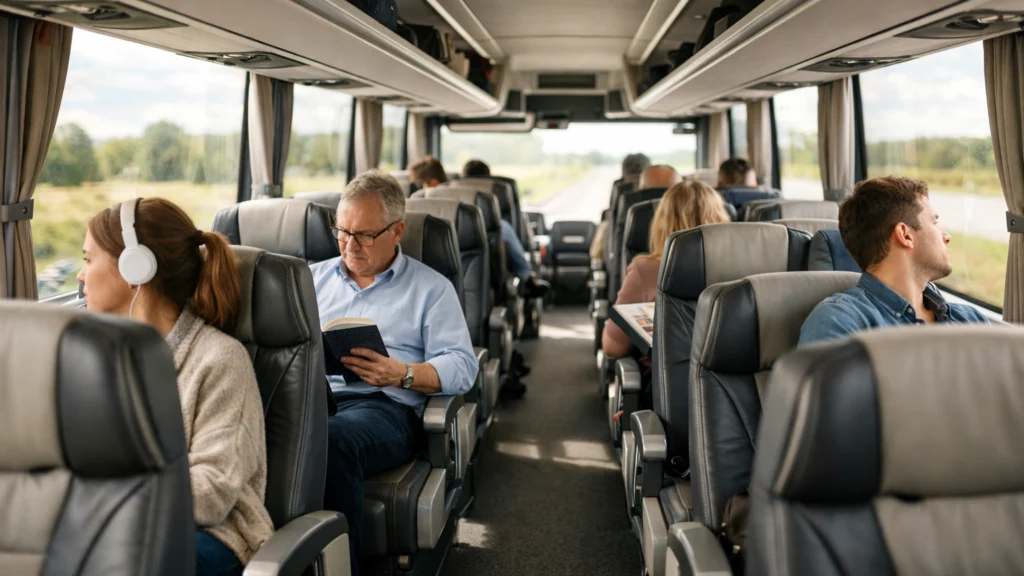 Unutrašnjost modernog autobusa na dugolinijskom putovanju