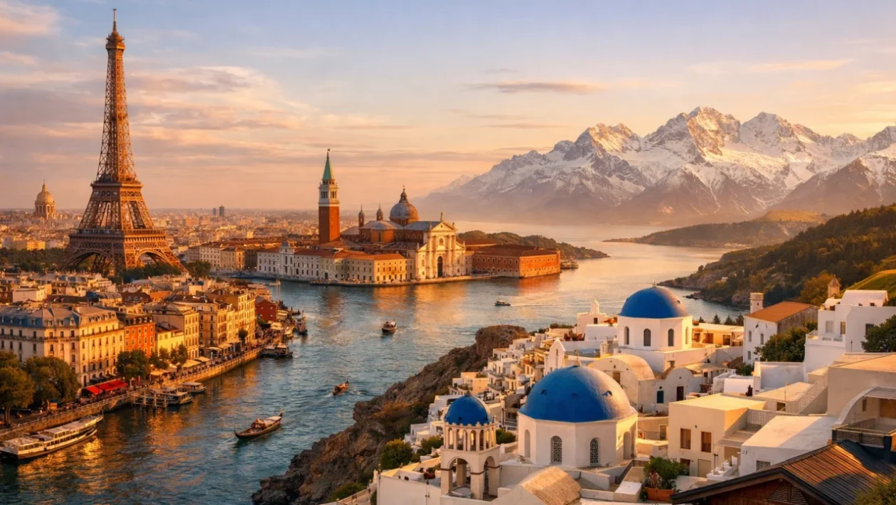 Panoramski pogled na najfotogeničnija mjesta u Europi uključujući Pariz, Veneciju i Santorini