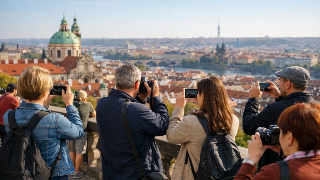 Turisti fotografiraju poznati europski grad s vidikovca