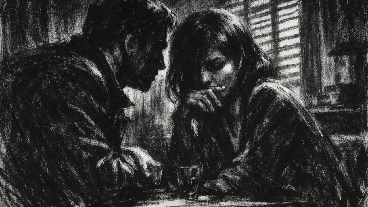 Dramatična scena razgovora dvoje ljudi u sjeni, charcoal film noir stil, visoki kontrast i osjećaj napetosti