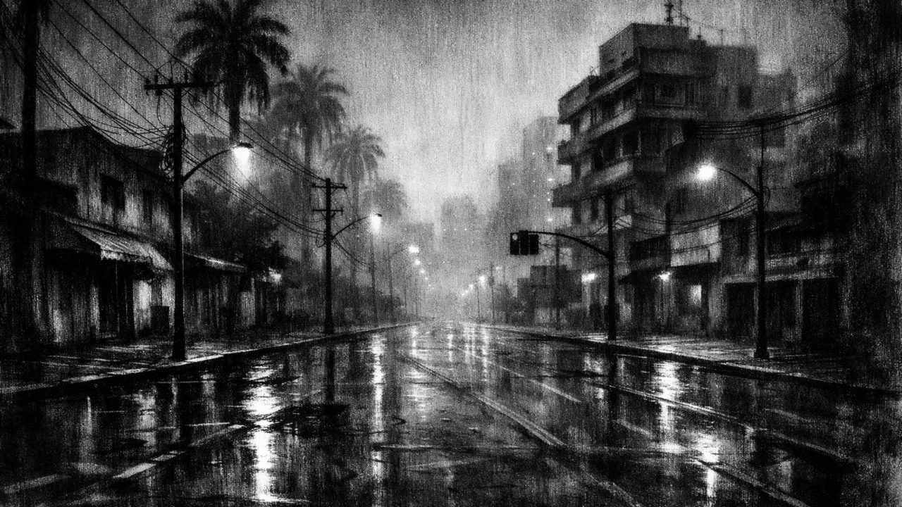 Prazna gradska ulica u magli, charcoal film noir stil, crno-bijela scena s dubokim sjenama i melankoličnim ugođajem