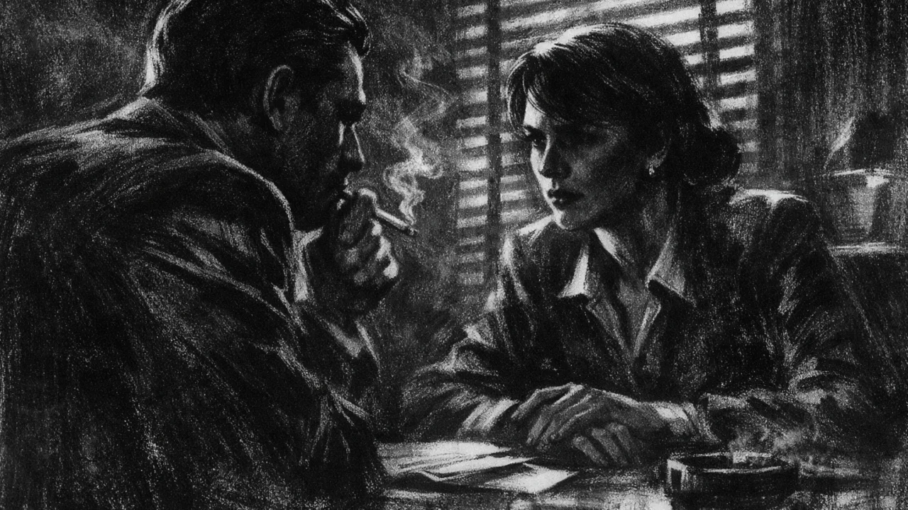 Dvoje ljudi u tihom razgovoru u mračnom uredu, sjenke s roleta prelaze preko lica, prikazano u charcoal film noir stilu s jakim kontrastom i napetim ugođajem.