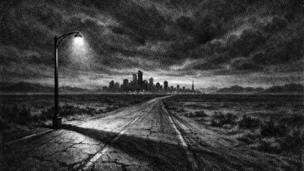 Pustolovni krajolik s cestom prema udaljenom gradu u sumrak, snažne sjene i osjećaj izolacije, prikazano u charcoal film noir stilu.