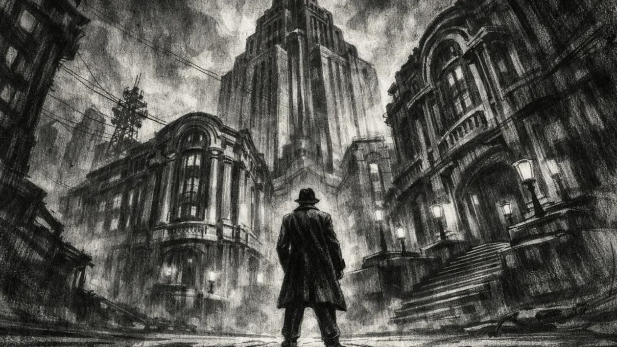 Cinematični poster s usamljenom figurom ispod monumentalne arhitekture, izrađen u charcoal film noir stilu, crno-bijelo s dubokim sjenama i tjeskobnom atmosferom.