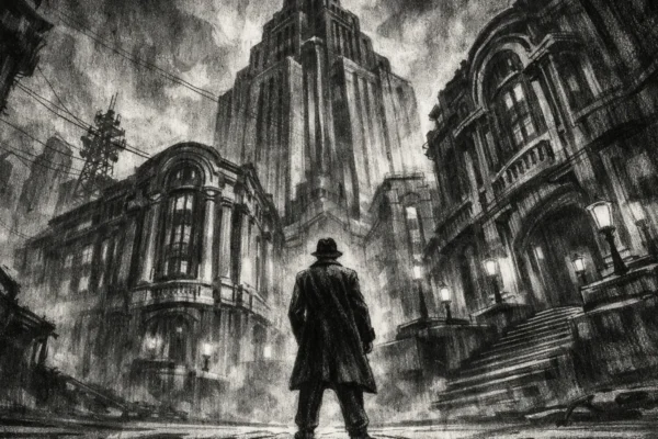 Cinematični poster s usamljenom figurom ispod monumentalne arhitekture, izrađen u charcoal film noir stilu, crno-bijelo s dubokim sjenama i tjeskobnom atmosferom.