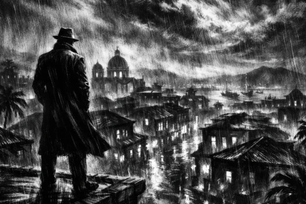 Cinematični poster s usamljenom figurom nad gradom, charcoal film noir stil, crno-bijelo, duboke sjene i tmurna atmosfera