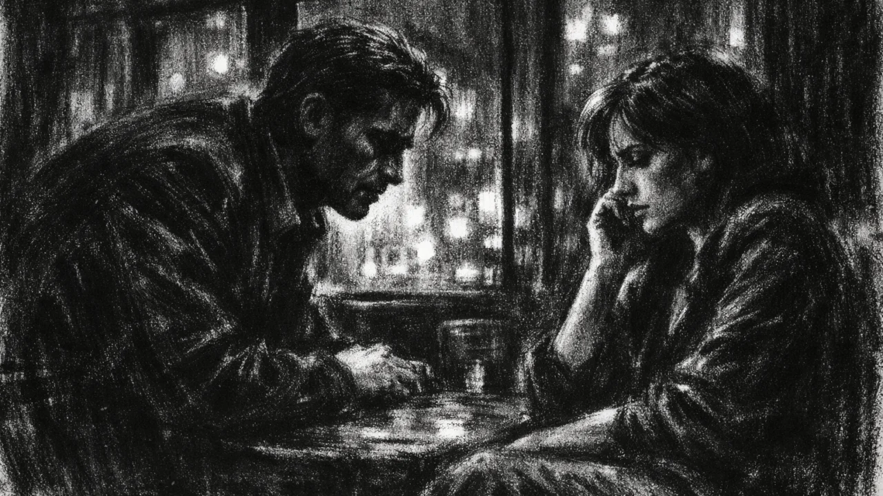 Napeta scena razgovora u zatvorenom prostoru, jaka svjetla i sjene, psihološka nelagoda u charcoal film noir stilu