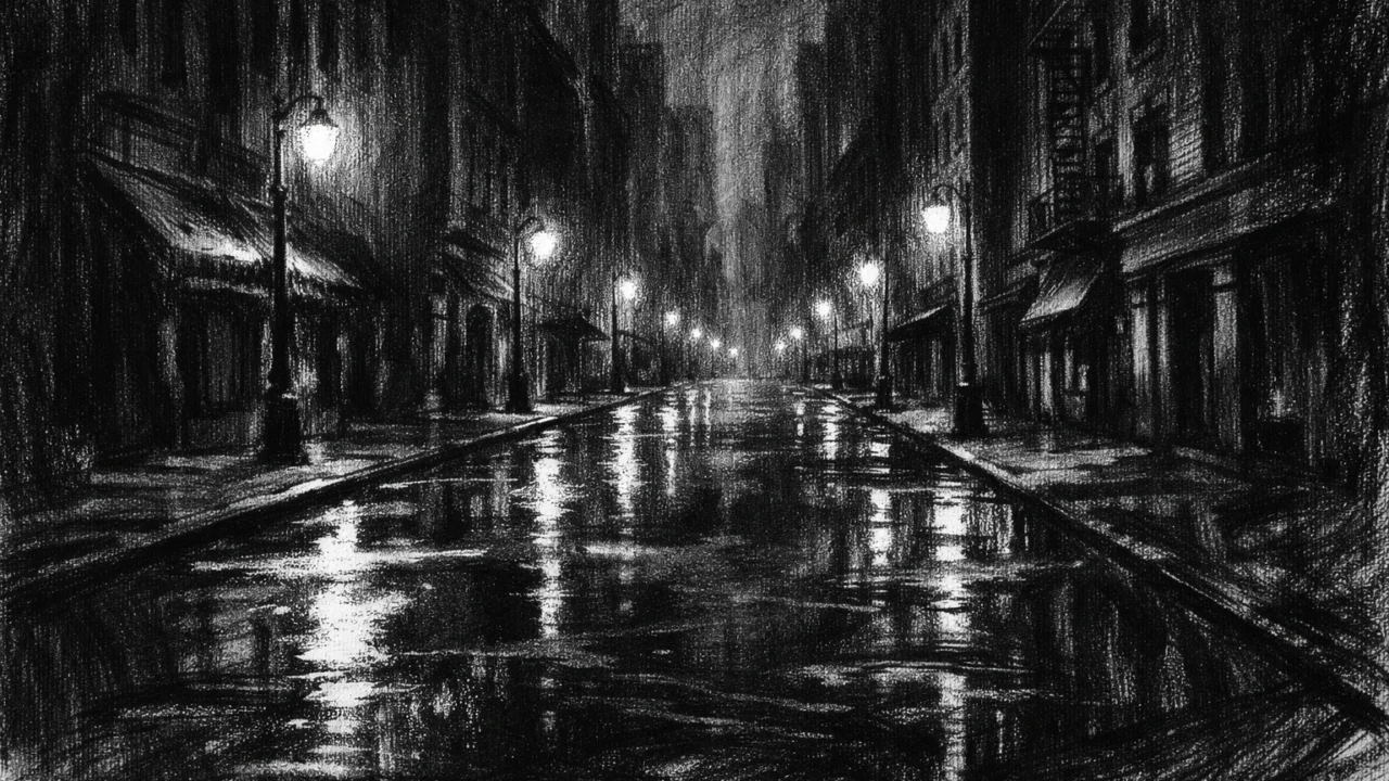 Prazna gradska ulica noću s refleksijama svjetla, snažan kontrast i samoća u charcoal film noir stilu