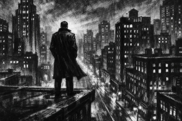 Usamljena figura na krovu grada noću, snažne sjene i kontrasti, izražen charcoal film noir stil s mračnom i tjeskobnom atmosferom