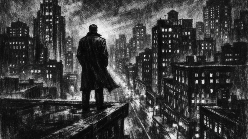 Usamljena figura na krovu grada noću, snažne sjene i kontrasti, izražen charcoal film noir stil s mračnom i tjeskobnom atmosferom