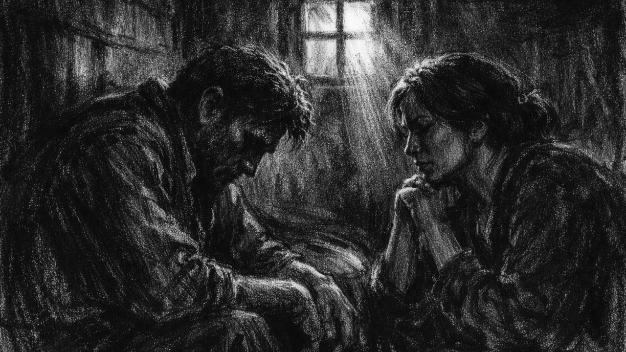 Dramatična unutarnja scena u charcoal film noir stilu, dvoje ljudi u sjeni, crno-bijeli kontrast i osjećaj nelagode.