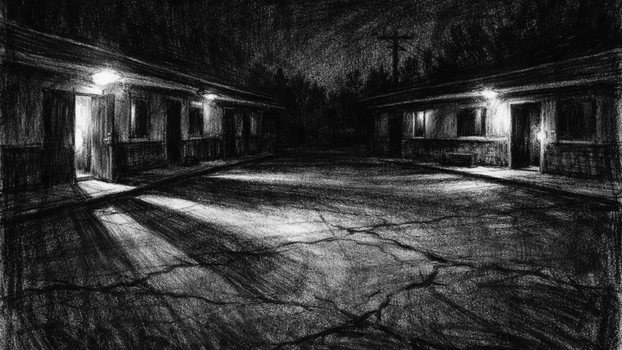 Atmosferski okoliš u charcoal film noir stilu, prazno noćno dvorište motela s jakim kontrastima i dubokim sjenama.