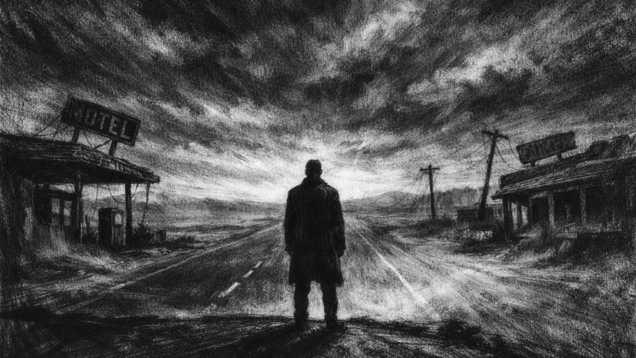 Hero scena u charcoal film noir stilu, crno-bijeli prizor usamljenog lika uz praznu cestu, duboke sjene i tjeskobna atmosfera.