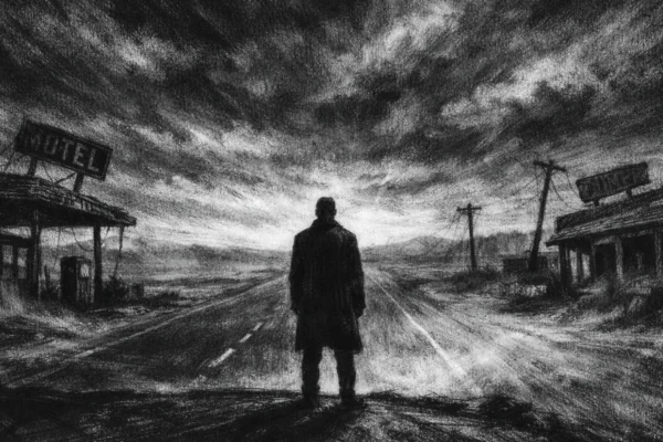 Hero scena u charcoal film noir stilu, crno-bijeli prizor usamljenog lika uz praznu cestu, duboke sjene i tjeskobna atmosfera.