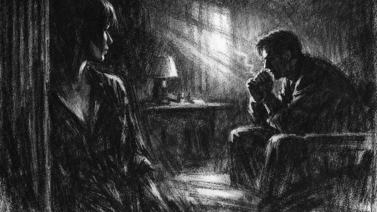 Dvoje ljudi u tihom razgovoru prikazani u charcoal film noir stilu, crno-bijeli kontrast, duboke sjene i emotivna napetost