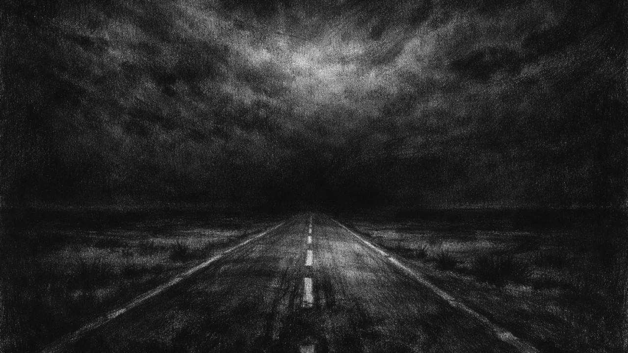 Noćni pejzaž prazne ceste u pustinji u charcoal film noir stilu, visoki kontrast, mračna i introspektivna atmosfera