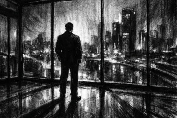 Cinematični prizor u charcoal film noir stilu s usamljenom figurom pred prozorom, snažan kontrast, duboke sjene i melankolična atmosfera