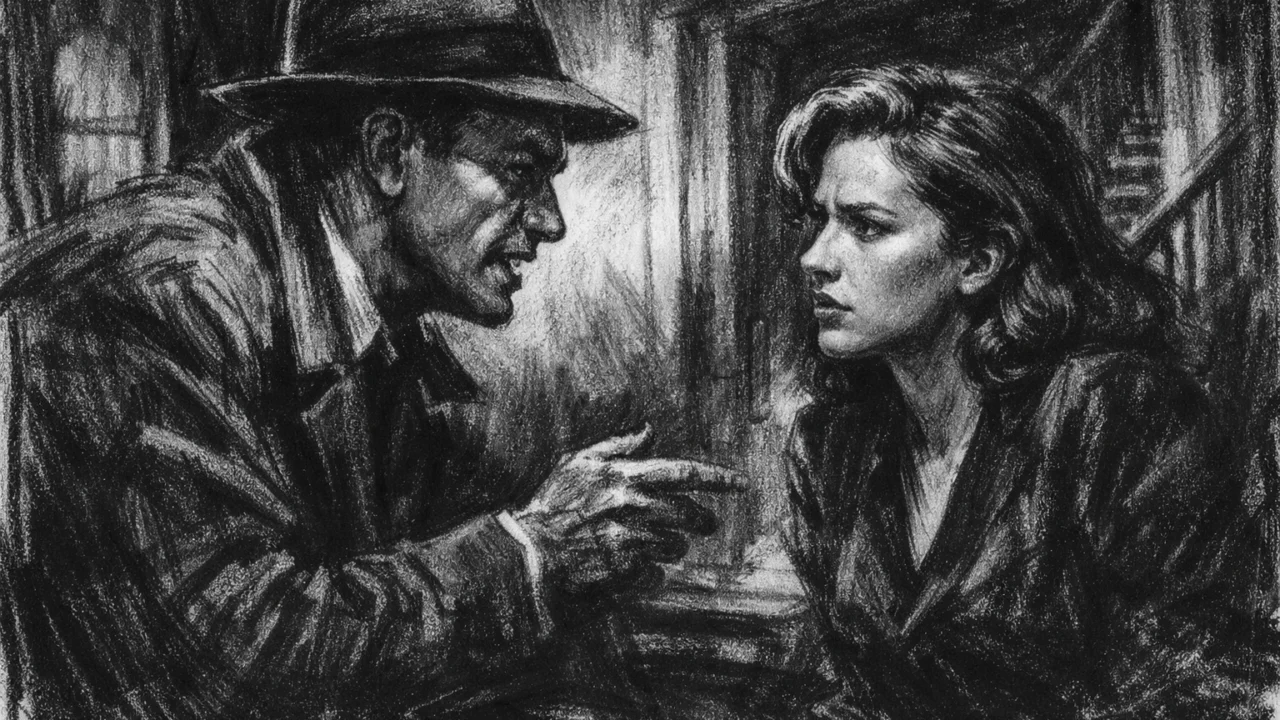 Dramska scena u charcoal film noir stilu