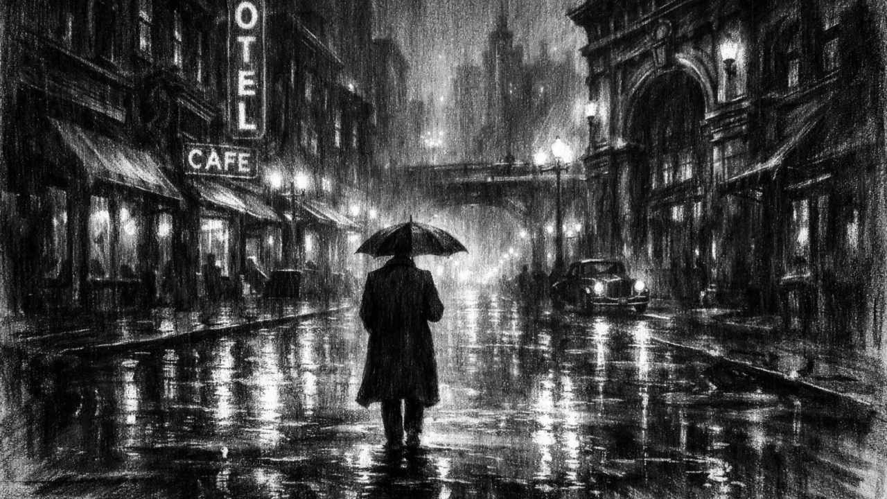 Atmosferska urbana ilustracija u charcoal film noir stilu