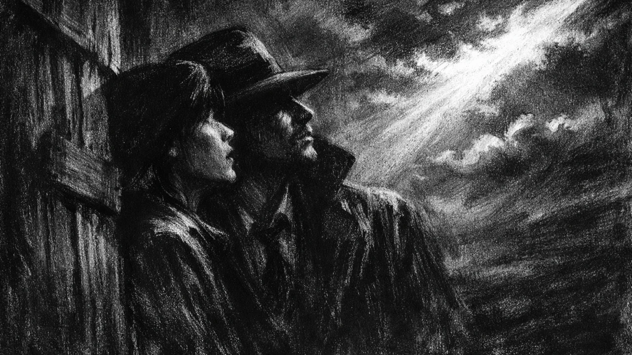 Dvije osobe u tihoj napetosti pokraj stare građevine, nacrtane u charcoal film noir stilu s dubokim sjenama i snažnim svjetlom.
