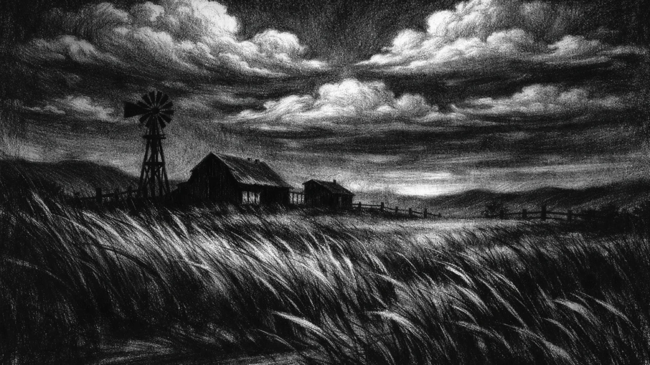 Prazan noćni krajolik s rančem i neobičnim nebom, prikazan u charcoal film noir stilu, crno-bijeli i izrazito atmosferičan.