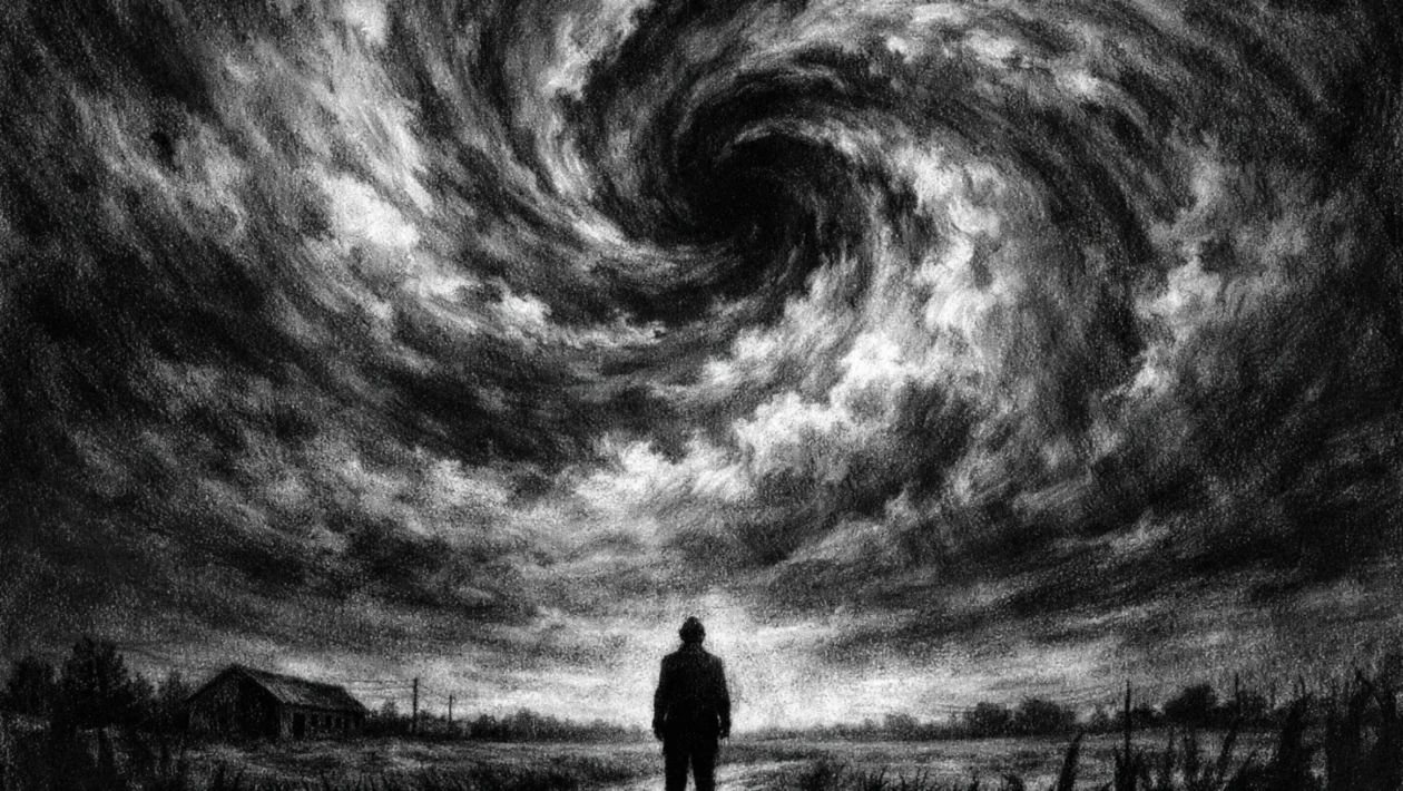 Filmski poster s usamljnom figurom ispod prijetećeg neba, izrađen u charcoal film noir stilu, crno-bijeli kontrast i mračna atmosfera.