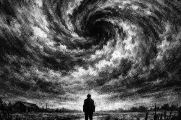 Filmski poster s usamljnom figurom ispod prijetećeg neba, izrađen u charcoal film noir stilu, crno-bijeli kontrast i mračna atmosfera.