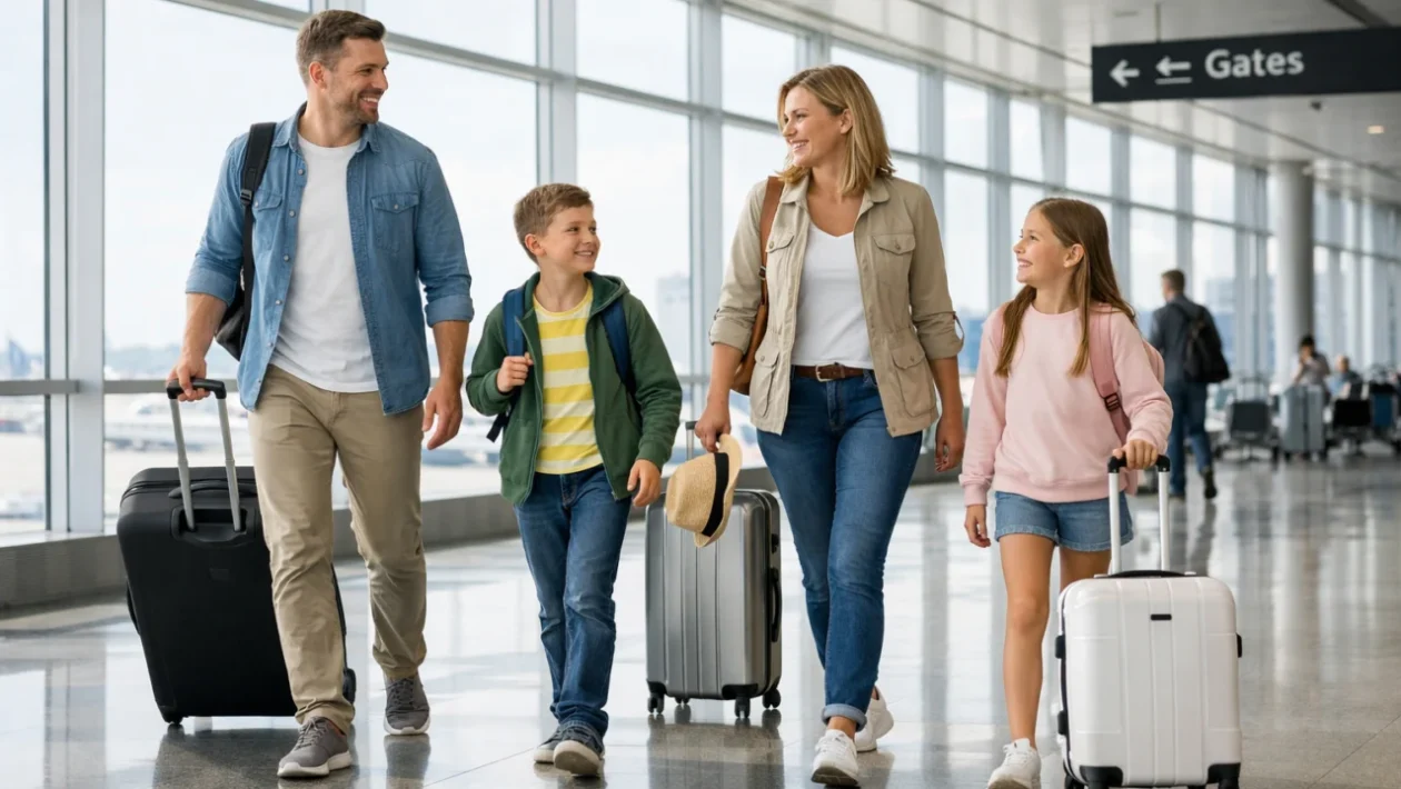 Obiteljsko putovanje bez stresa, roditelji i djeca mirno prolaze kroz zračnu luku