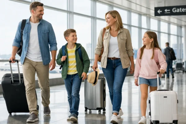 Obiteljsko putovanje bez stresa, roditelji i djeca mirno prolaze kroz zračnu luku