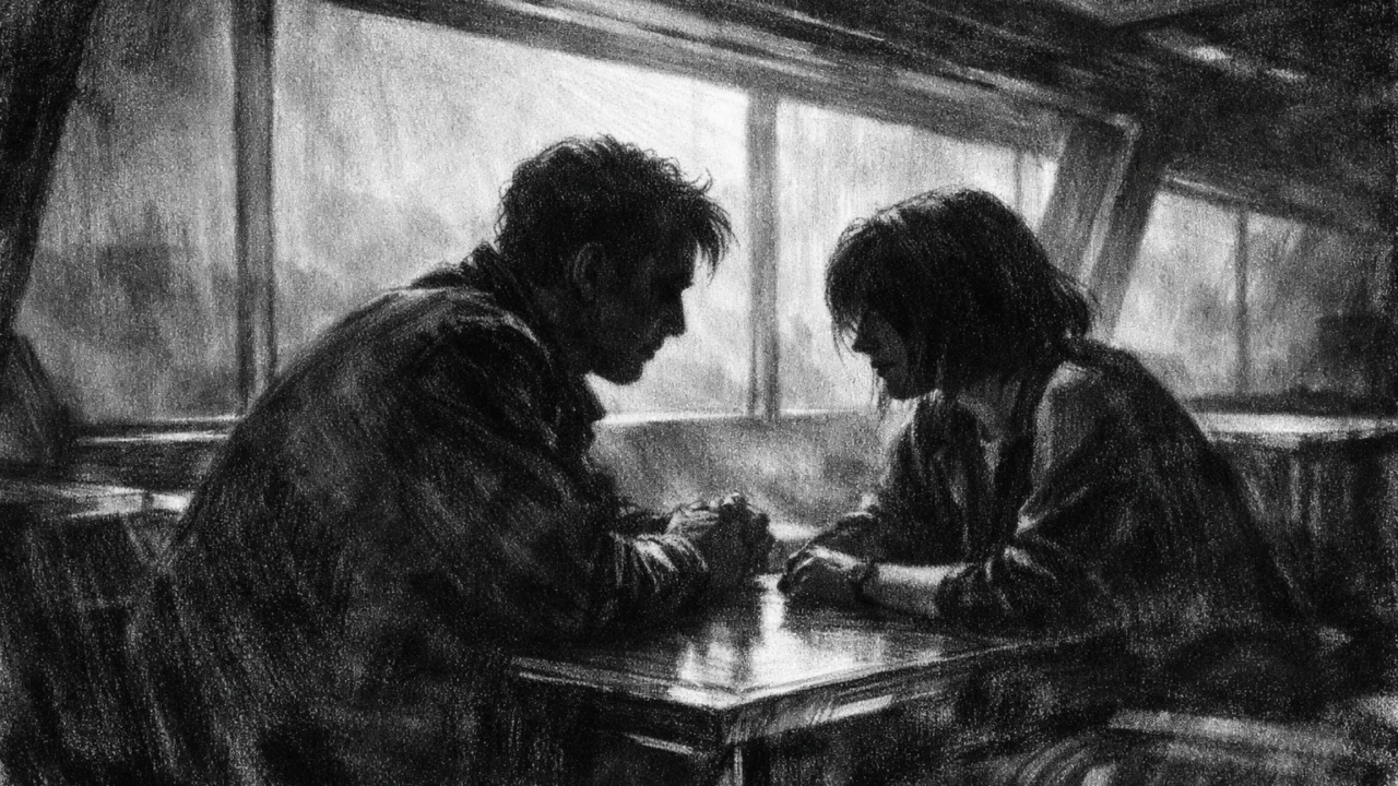 Dvoje ljudi u tihom razgovoru, interijer ispunjen sjenama i osjećajem gubitka, charcoal film noir stil u crno-bijeloj estetici.