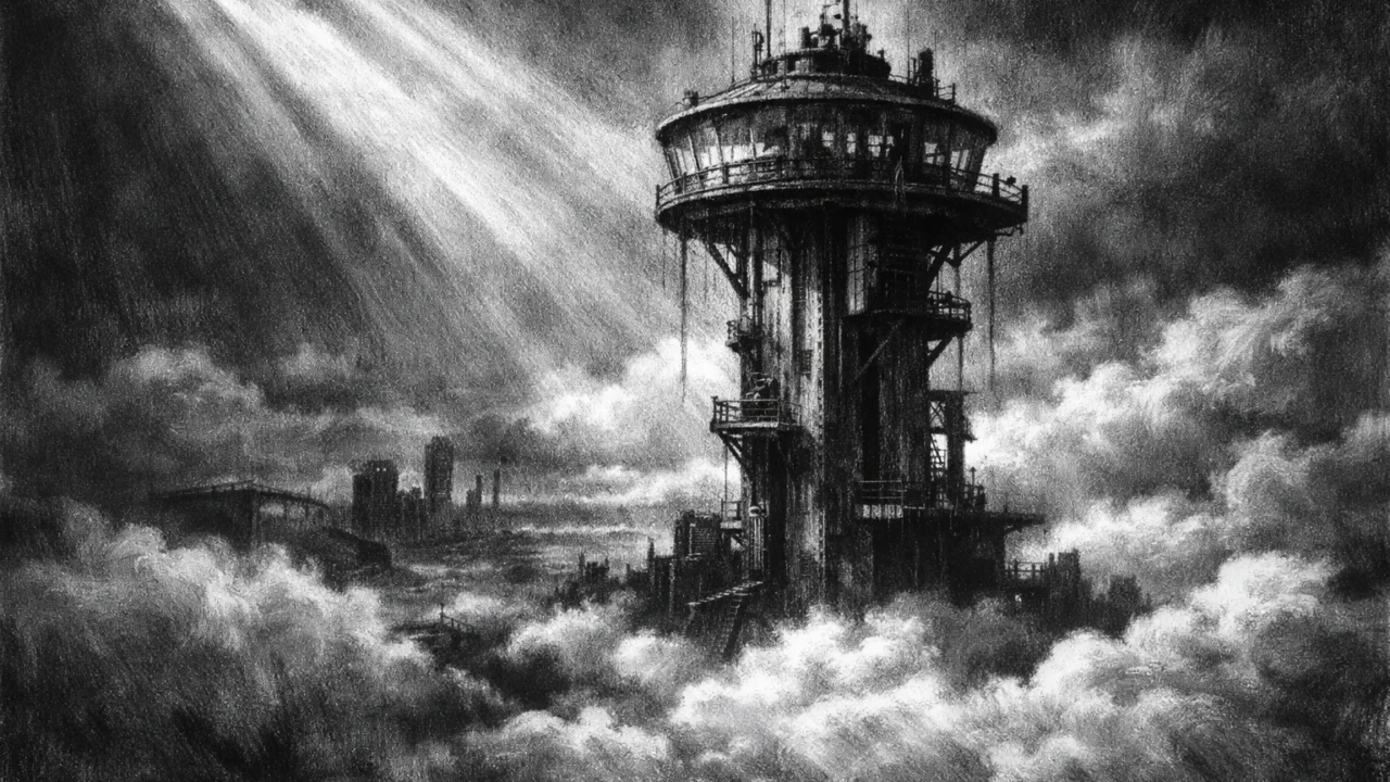 Napustena futuristička kula iznad oblaka, simbol zaborava i samoće, prikazana u charcoal film noir stilu s dramatičnim osvjetljenjem.