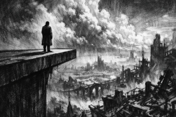 Usamljena figura iznad puste Zemlje u charcoal film noir stilu, snažan kontrast, duboke sjene i melankolična atmosfera.