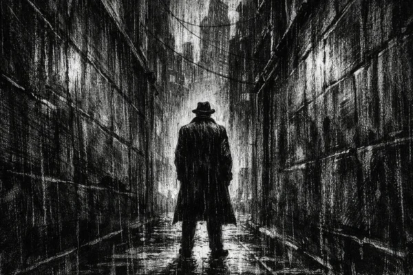 Kinematografski plakat s usamljenom figurom u skučenom urbanom prolazu, snažan kontrast svjetla i sjene, charcoal film noir stil, mračna atmosfera i emocionalna težina.