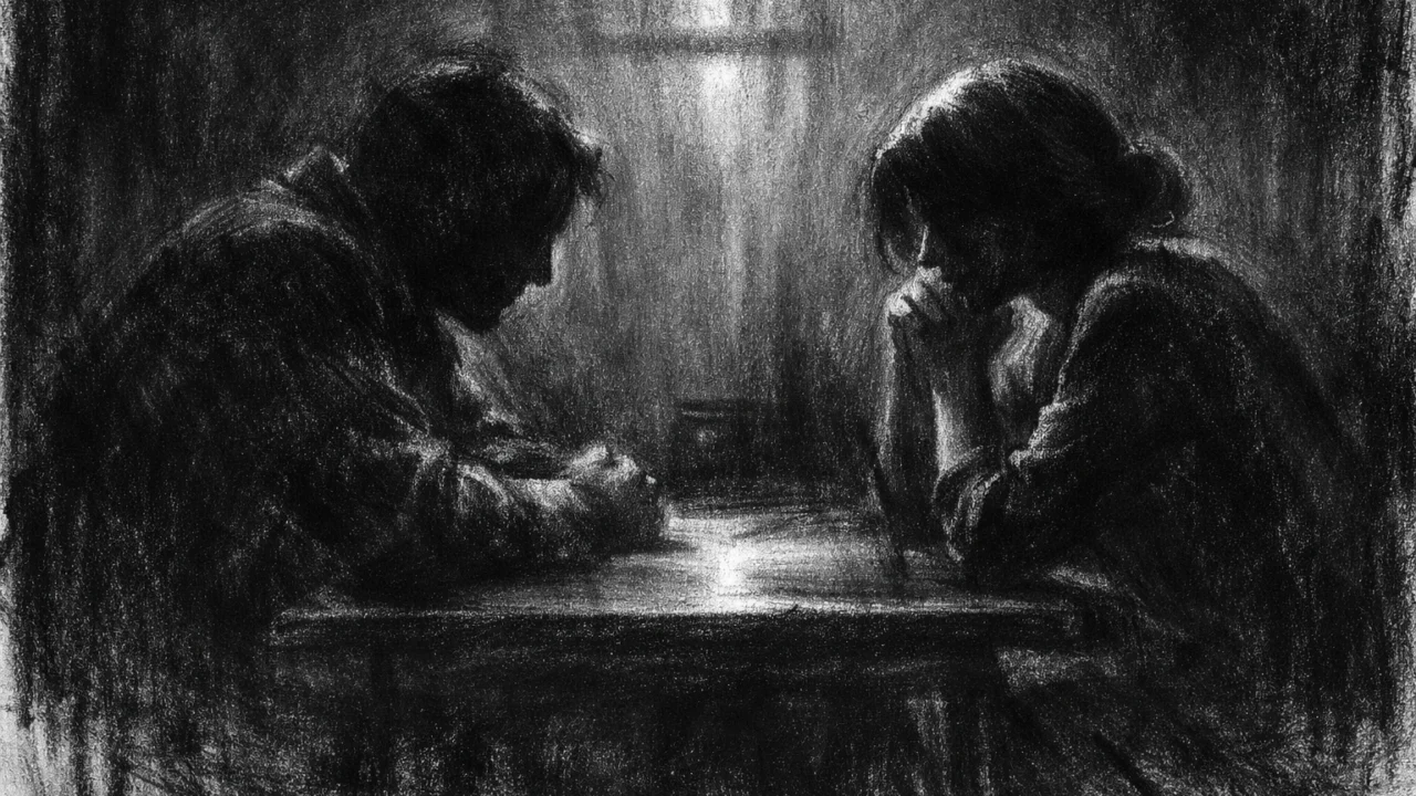 Dvije osobe u tihom, napetom razgovoru u zamračenom interijeru, izražene sjene i suzdržane emocije, charcoal film noir stil u crno-bijeloj paleti.