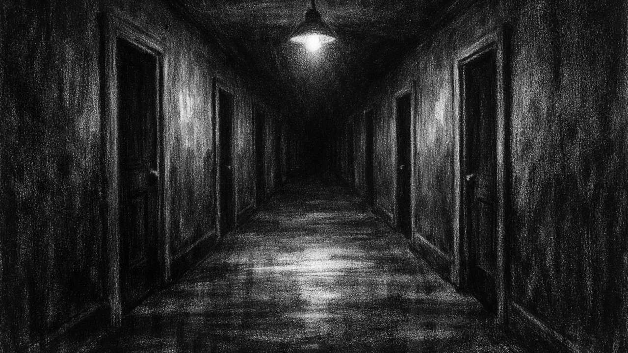 Prazan hodnik s ponavljajućim vratima i jednim svjetlom u daljini, simbol izolacije i sjećanja, charcoal film noir stil s dubokim sjenama.
