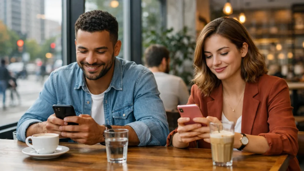 Online dating i moderni odnosi u urbanom okruženju, par koristi pametne telefone