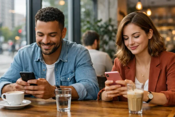 Online dating i moderni odnosi u urbanom okruženju, par koristi pametne telefone