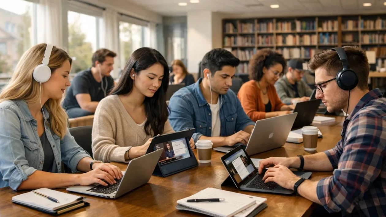 Studenti sudjeluju u online učenju koristeći prijenosna računala i digitalne alate