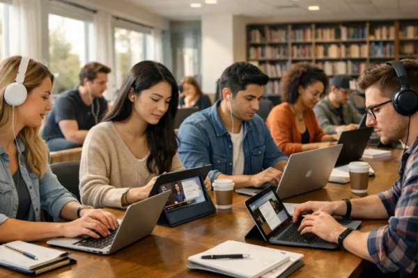 Studenti sudjeluju u online učenju koristeći prijenosna računala i digitalne alate