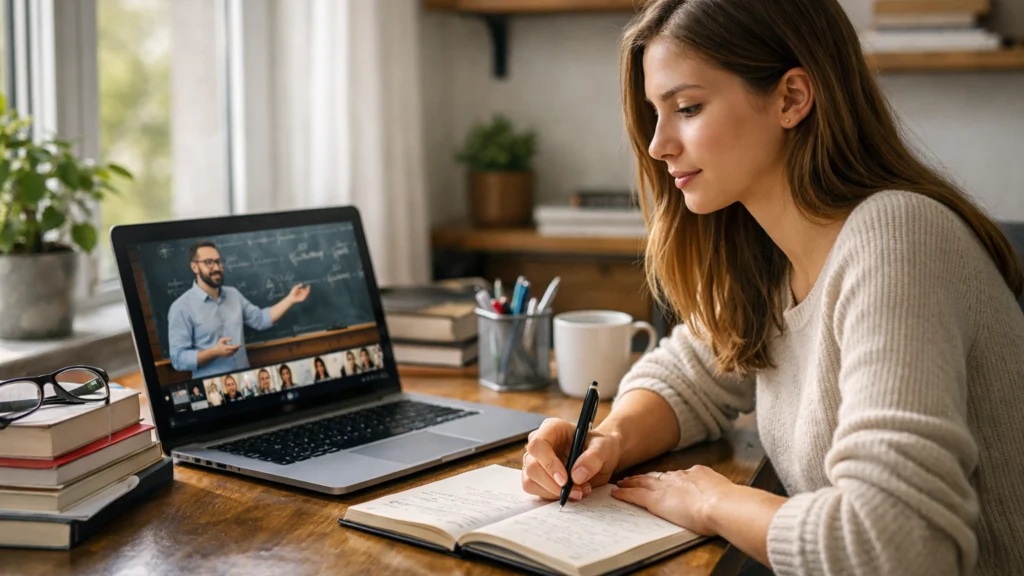 Student prati online predavanje i vodi bilješke u kućnom okruženju