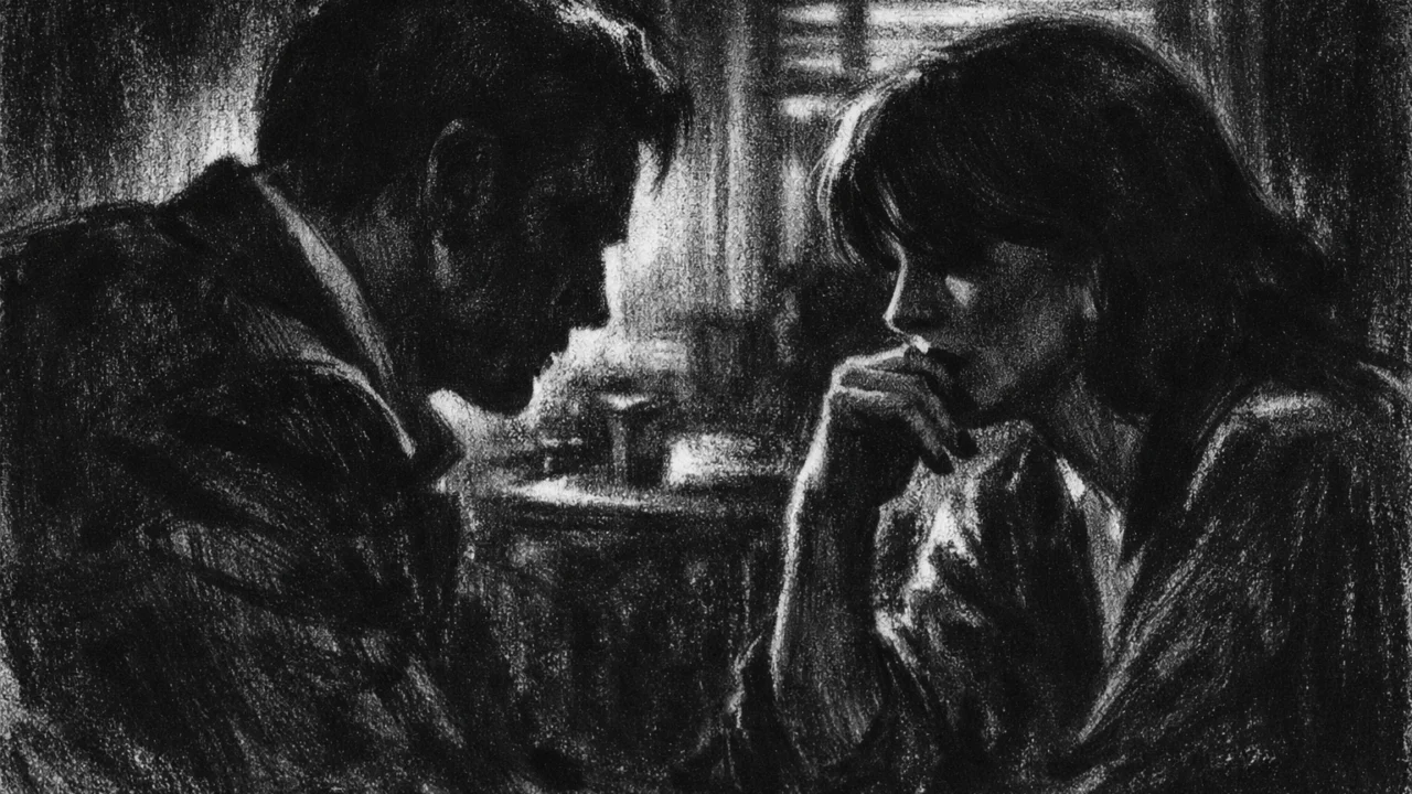 Intimna scena u charcoal film noir stilu, crno-bijeli kadar s dvoje ljudi u polusjeni, naglašene emocije, tišina i napetost izražene kroz svjetlo i sjenu.