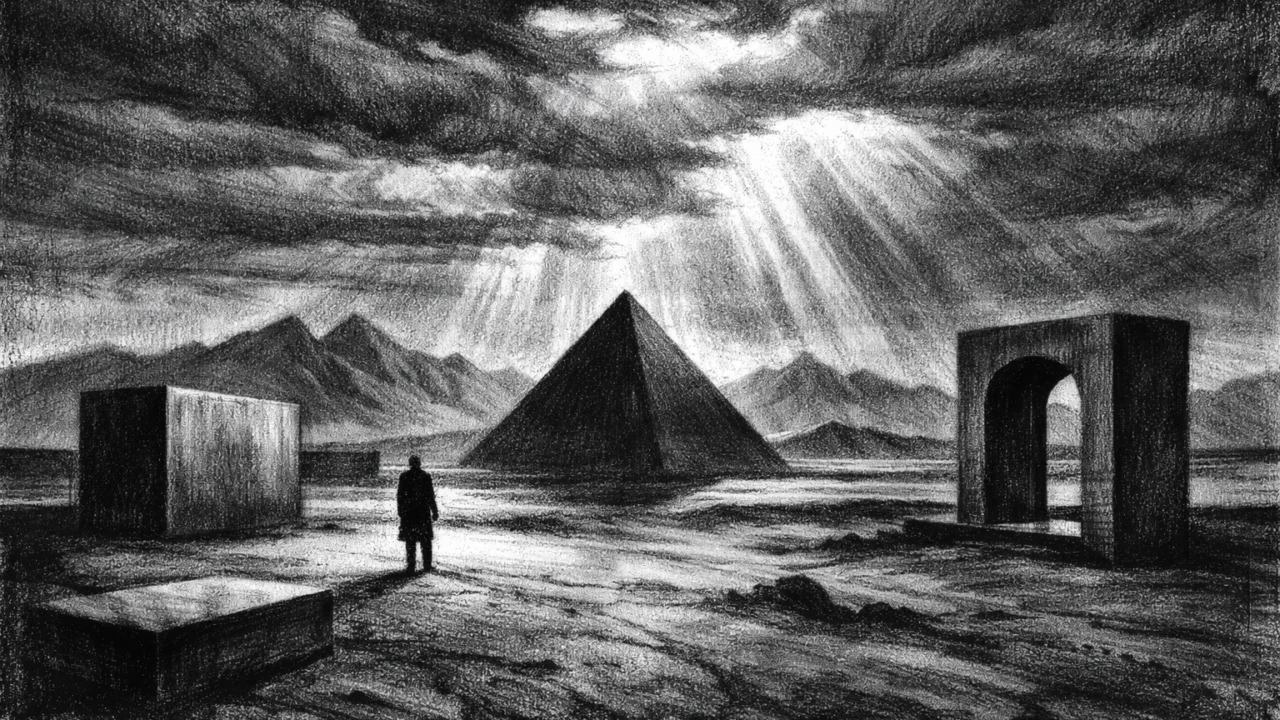 Atmosferski pejzaž u charcoal film noir stilu, crno-bijeli kontrastni prizor pustinje i apstraktnih struktura koji simbolizira neizvjesnost, veličinu prostora i egzistencijalnu napetost.