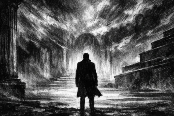 Cinematični prizor u charcoal film noir stilu, crno-bijela ilustracija s dubokim sjenama i snažnim kontrastom, usamljena figura pred monumentalnim prostorom koji odiše moralnom težinom i introspekcijom.