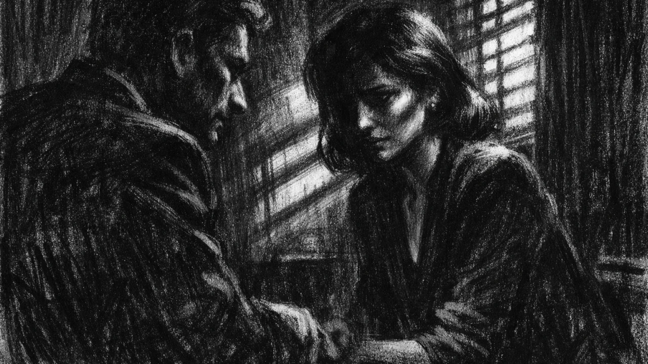 Intimna unutarnja scena u charcoal film noir stilu, dvoje ljudi u razgovoru okruženi sjenama, crno-bijeli kontrast naglašava emocionalnu napetost i tišinu.